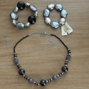 Vtg Chunky Gunmetal Black Silver Beaded Necklace Matching Set Stretch Bracelets